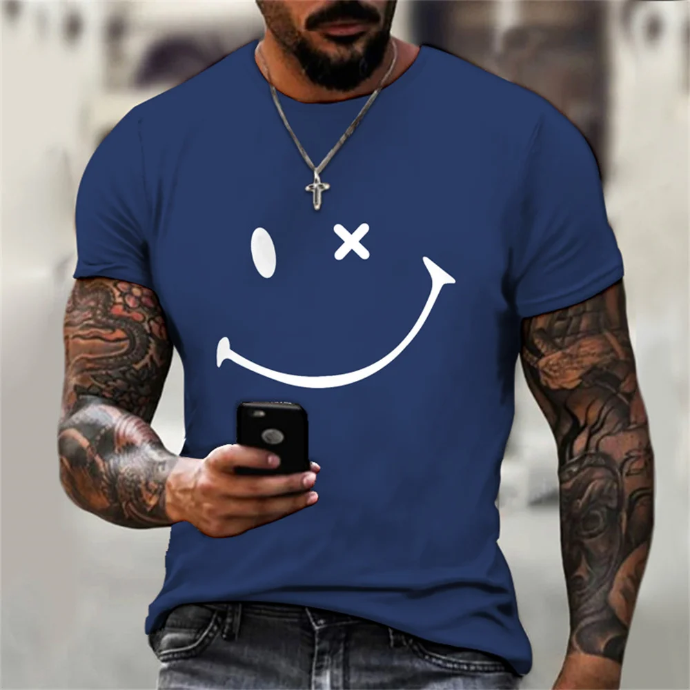 

2024New Fashion Summer Fashion Art Men's and Women's Simple T-shirt 3D Funny Smiling Face Printing Loose T-shirt