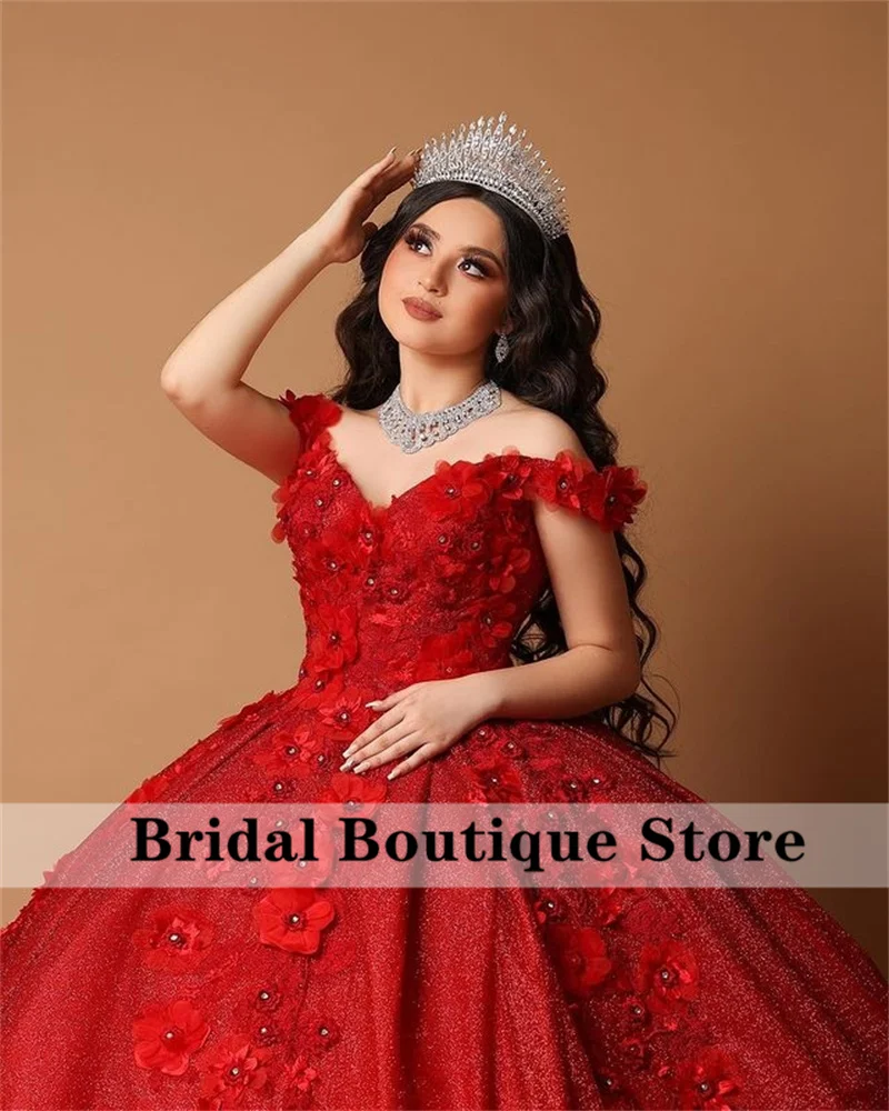 Quinceanera Dresses Red Sparkly Ball Gown 3D Flower Applique Off Shoulder Sweet 15 16 Dress Birthday Party Wear