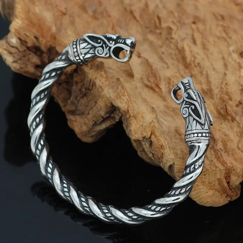 Norse Viking Wolf Head Bracelet Stainless Steel Opening Adjustable Wristband Cuff Snake Bangle for Men Fashion Jewelry stainless steel bracelet metal bracelet