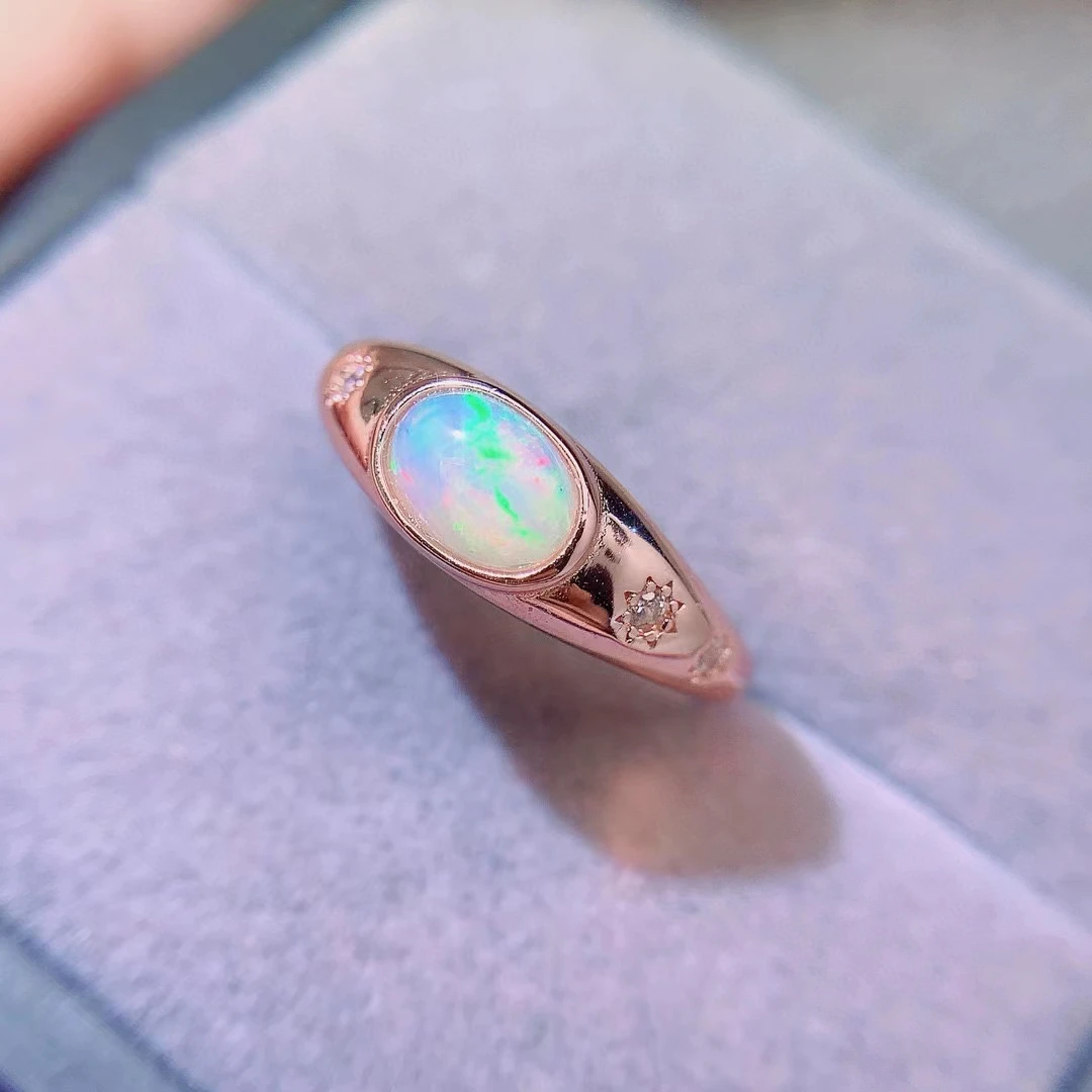 Solid 925 Silver Opal Ring for Daily Wear 5mm*7mm Natural Australia Opal Ring with 3 Layers 18K Gold Plating Keep Shining