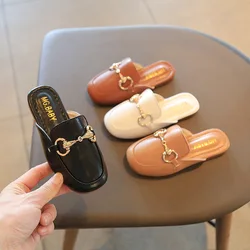 Girls Soft Covered Toes Sandals Summer Fashion Children Versatile Solid Black Chains Outdoor Shoes Kids Slippers