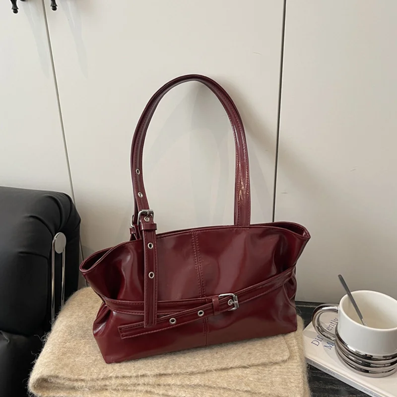 New Fashionable Versatile Belt Buckle Handbag Korean Style Solid Color Soft Leather Women’s Casual Shoulder Bag Underarm Bag