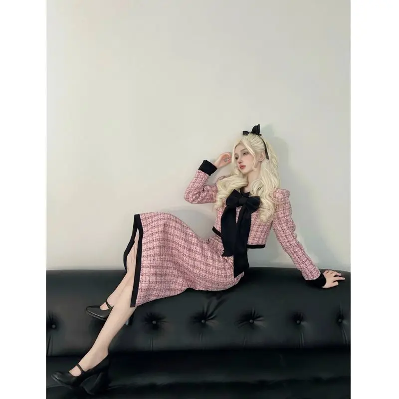 Conjunto de dos piezas elegante de moda coreana para otoño e invierno, chaqueta corta, abrigo, falda midi de cintura alta, conjuntos de lujo.