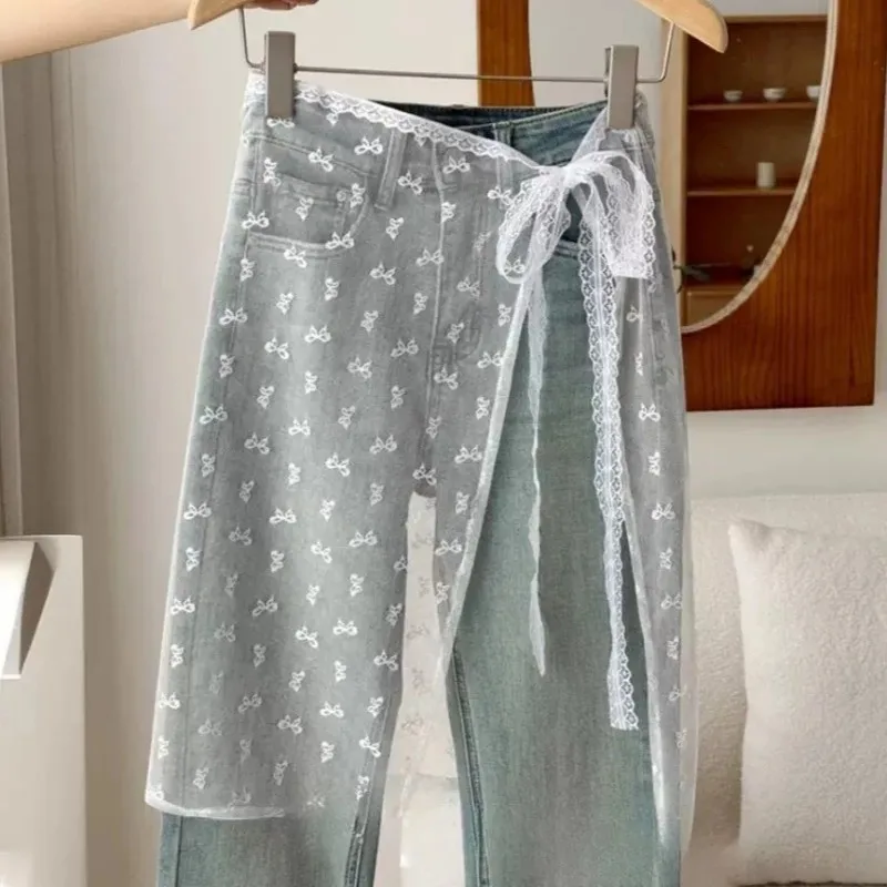 Korean Fashion Lace Irregular Skirt Curtain White Flowers Lace Mesh Halfbody Skirt Women Y2K Bottoms Jeans Decorative Hemline