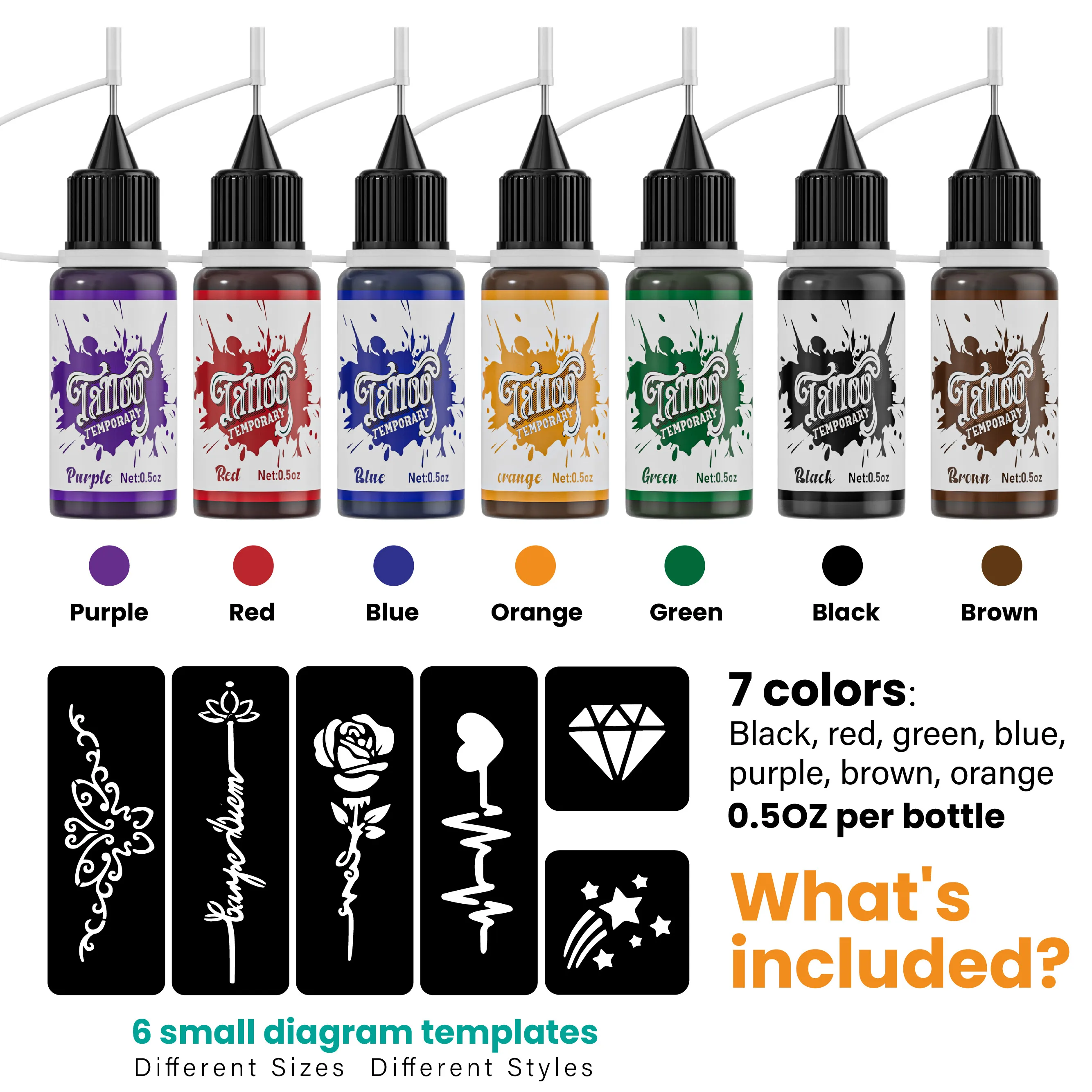 Temporary Tattoo Kit with 7 Bottles of Mixed Color Paste and 6 Stencil Designs, -Easy-to-Use Henna Semi-Permanent Tattoo Set 4