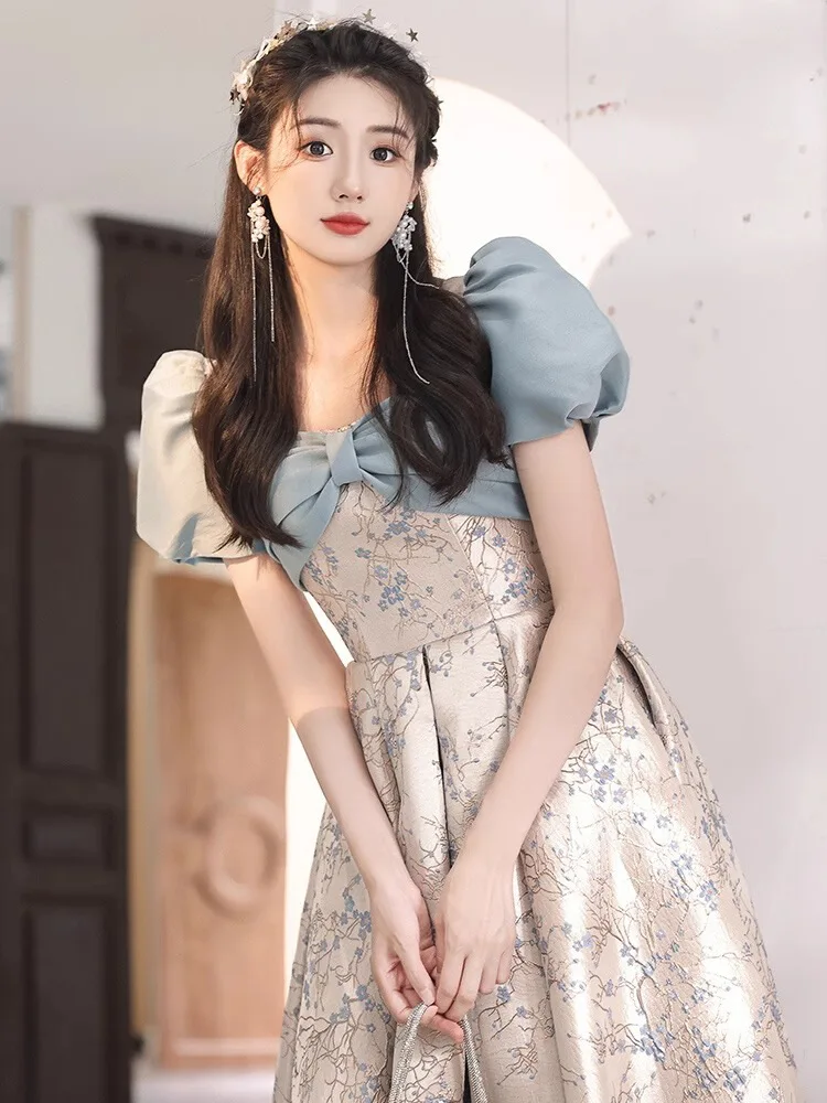 

Evening Dress Square Collar Fashion Lace Up Puff Sleeves A-Line Pleat Floor Length Jersey Luxury High-end Banquet Party Dresses