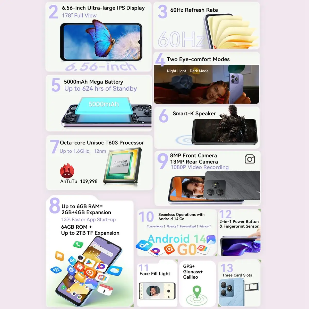 Blackview OSCAL FLAT 2C Smartphone 4GB 64GB 6.56'' Unisoc T603 Octa Core Mobile Phone 13MP Camera 5000mAh Battery 4G Android 14