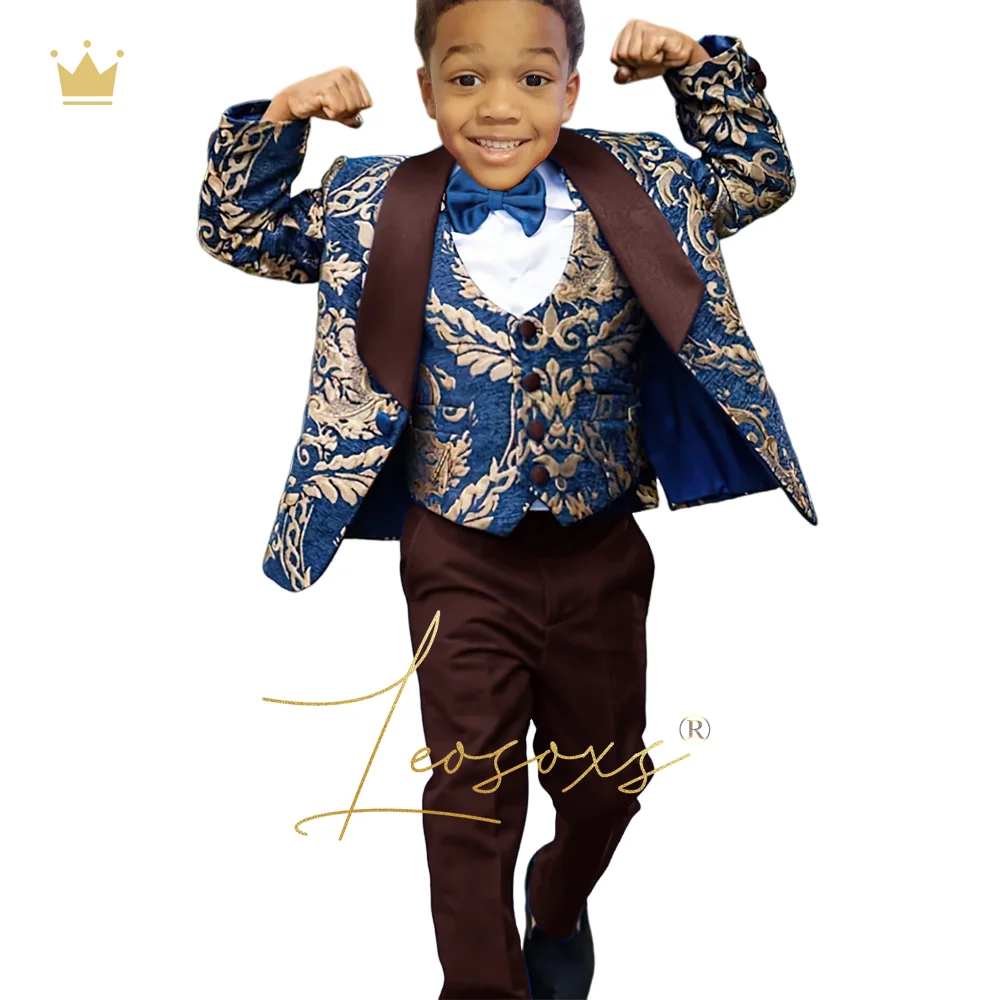 Boys blue gold flower jacket vest trousers dress suit tuxedo 3 piece set, children's wedding queue festival clothing