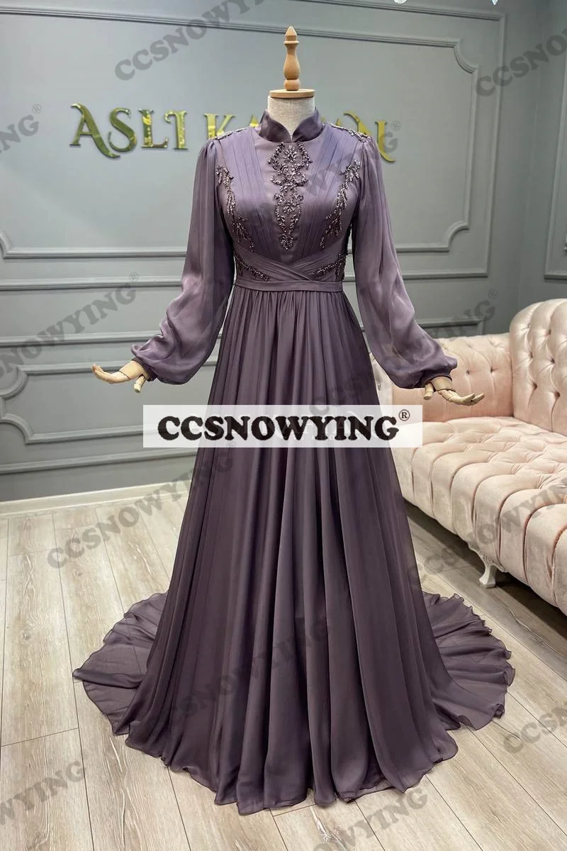 

Chiffon Appliques Beaded Muslim Evening Dresses Long Sleeve A Line Hijab Prom Dress Women Formal Party Gown Robe De Soiree