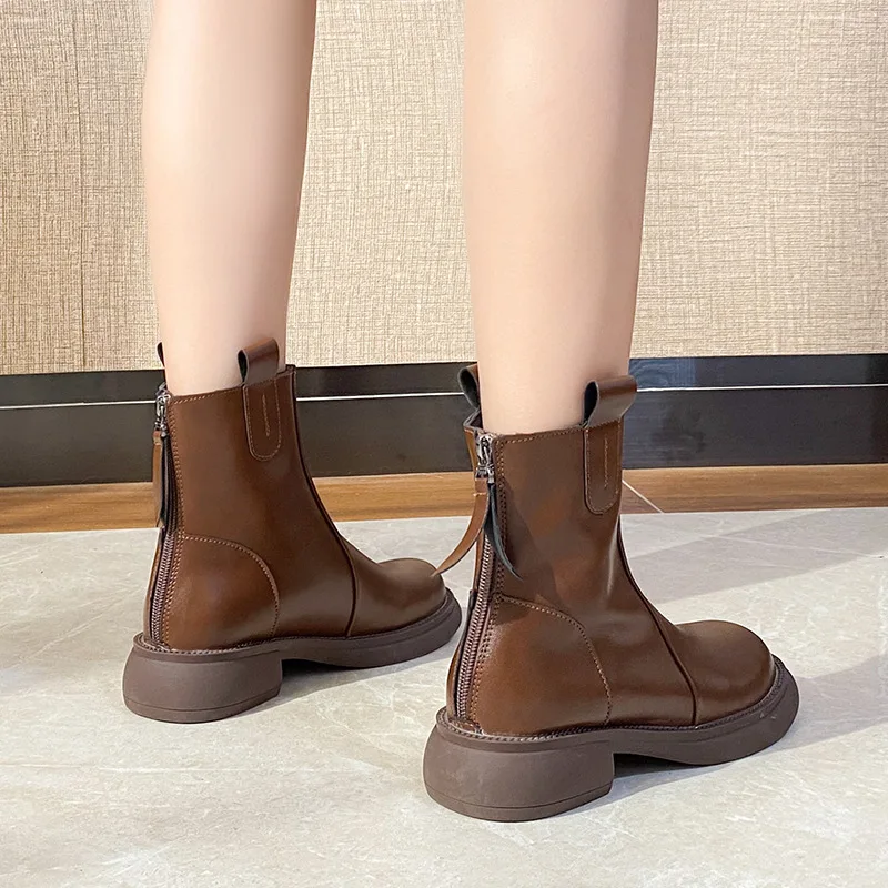 Women's Thick Sole Short Boots British Style Round Head Solid Colour Platform Boots Back Zip Non-slip Shoes Botas Para Mujeres