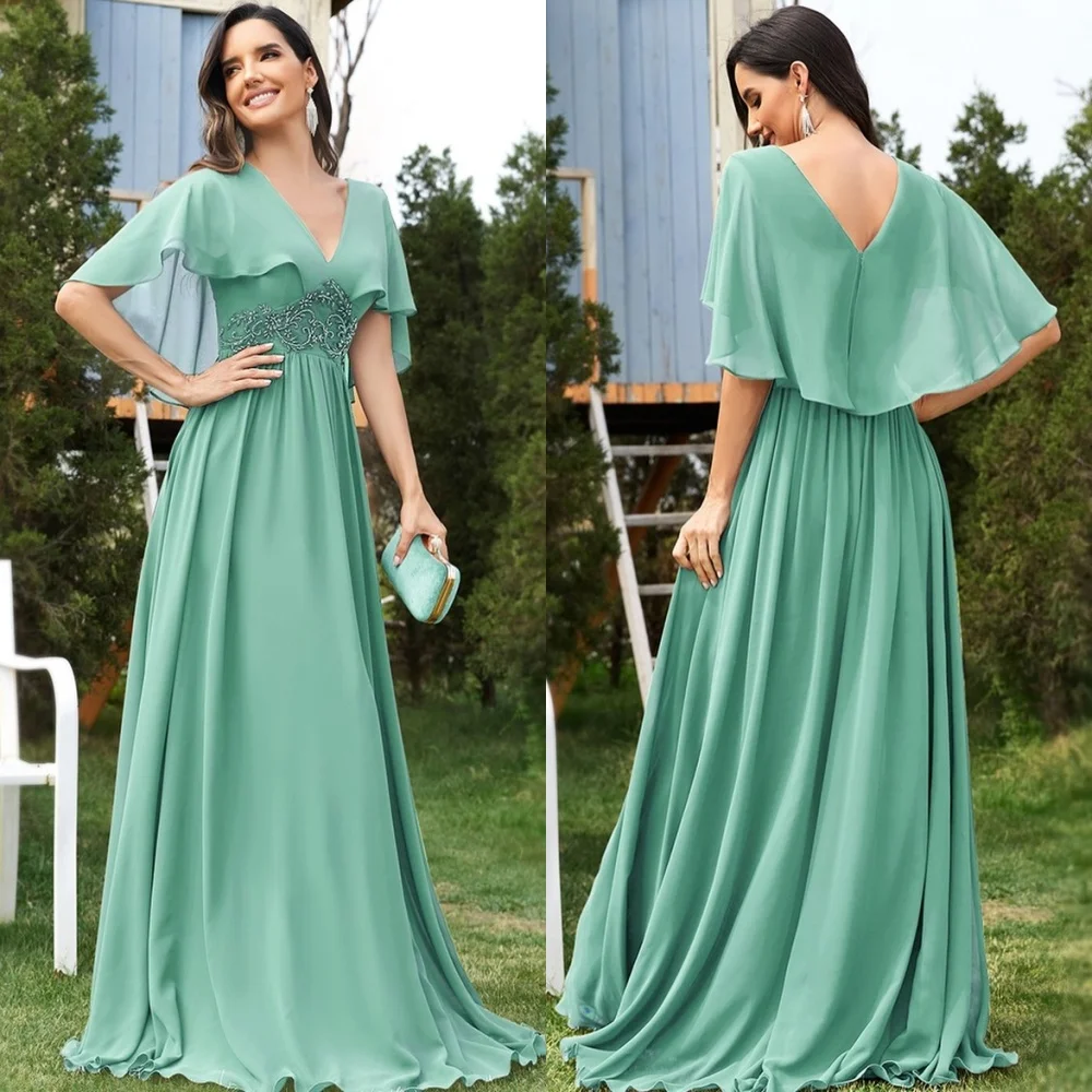 

Evening Prom Dress Saudi Arabia Chiffon Sequined Ruched Prom A-line V-neck Bespoke Occasion Gown Long Dresses