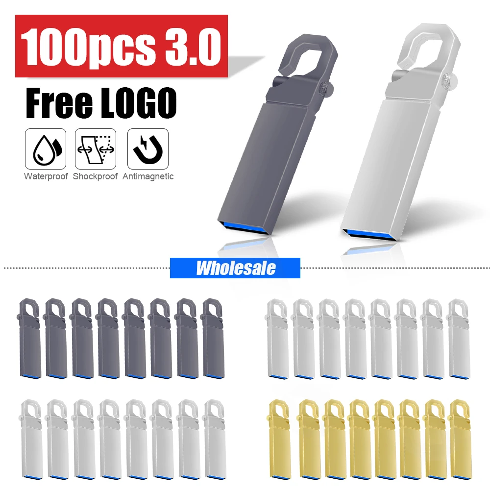 

100PCS Waterproof 3.0 USB flash drive 128GB metal Pendrive high speed USB3.0 memory stick 64GB 32GB pen16G drive actual capacity