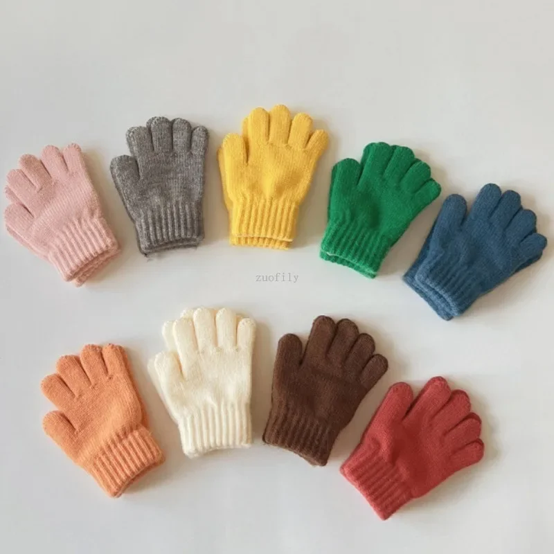3-7Years Baby Girls Boys Winter Knitted Gloves Solid Candy Warm Mittens Toddler Knitted Thicken Acrylic Soft Full Finger Gloves winter gloves baby mittens
