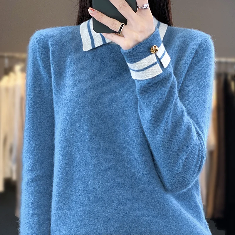 

RONGYI 100% Merino Wool Women's Polo Neck Pullover Sweater Solid Color Matching Knitting Loose Autumn And Winter Fashion Top