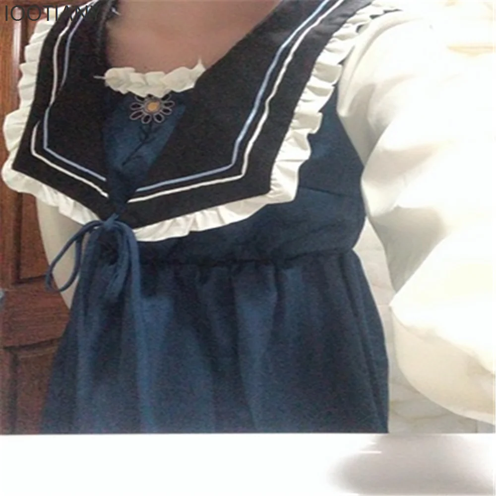 Francese Retro Corte Stile Navy Temperamento Elegante Carino Lolita Abito a maniche lunghe Ragazza Tea Party Abito da principessa vittoriano con volant - immagine 4