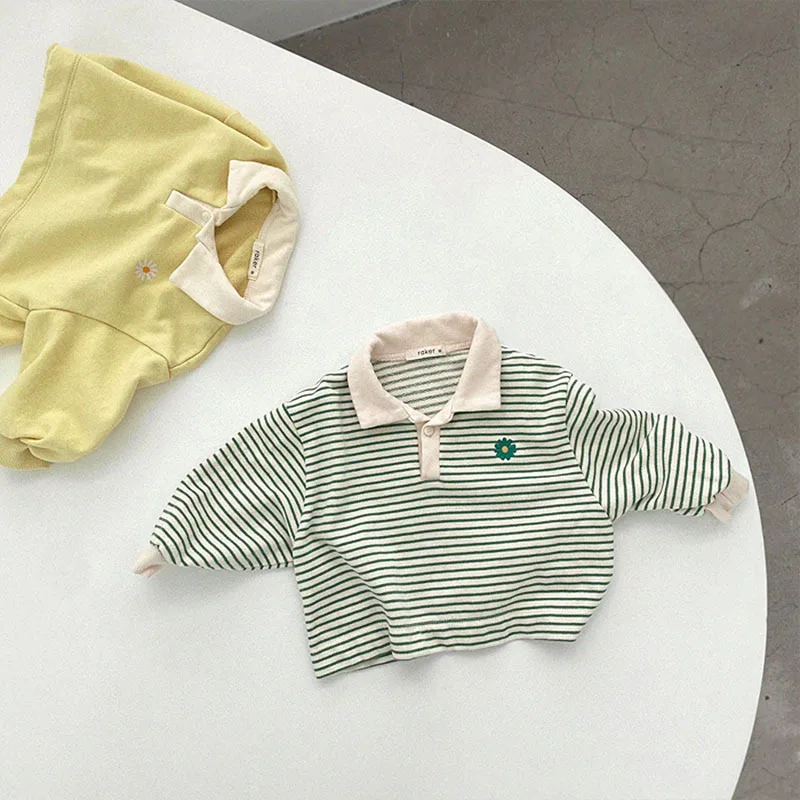 

Baby New Solid Turn-down Collar Sweatshirts Unisex Autumn Clothes Boy Fashion Striped Pullover Cotton All-match Tops