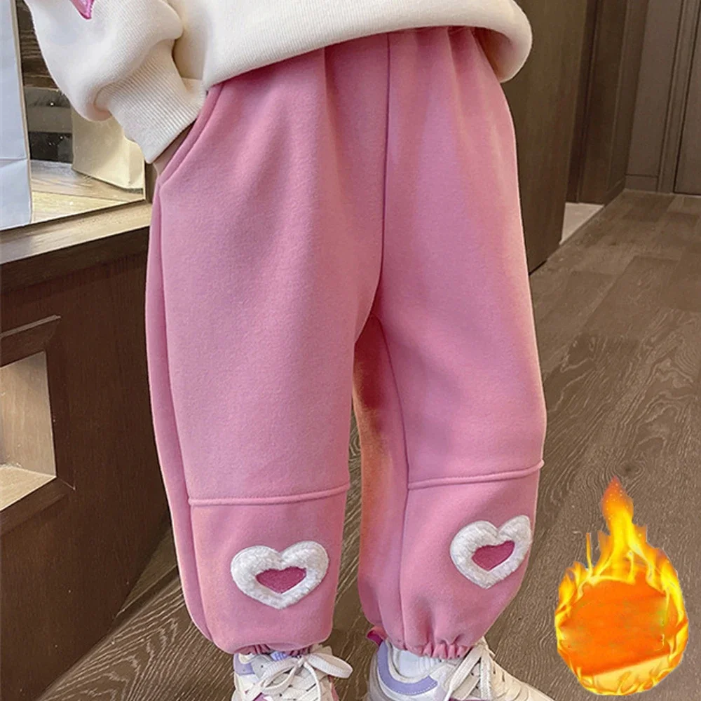 Girls Fleece Pants Warm Trousers For Kids Love Heart Children Trousers Fall Winter Baby Thicken Clothing Korean Style