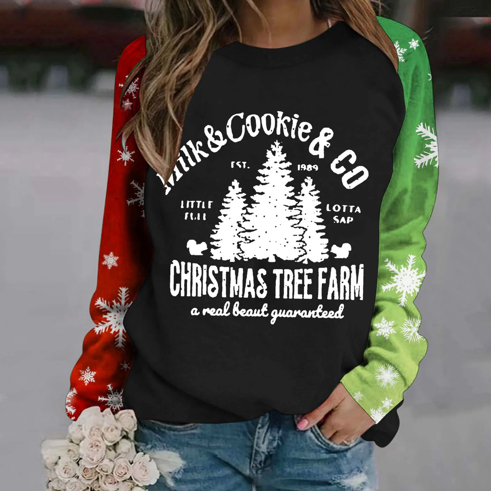 

Womens Autumn And Winter Fashion Christmas Tree Print Two Color Long Sleeve Round Neck Casual Hatless Athletic Works Jackets