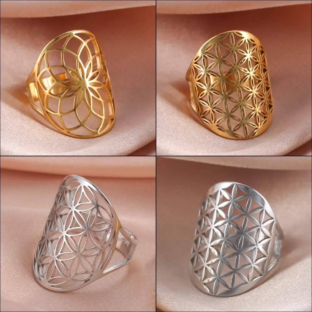 COOLTIME Blume des Lebens Ringe für Frauen Edelstahl Schutz und Segen Offener Fingerring Modeschmuck Geschenk Großhandel