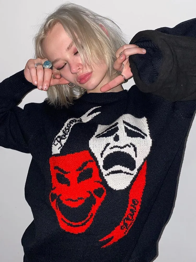 

Одежда унисекс с рисунком демона, Свитера на осень и зиму, винтажный пуловер, Свободный Повседневный Топ