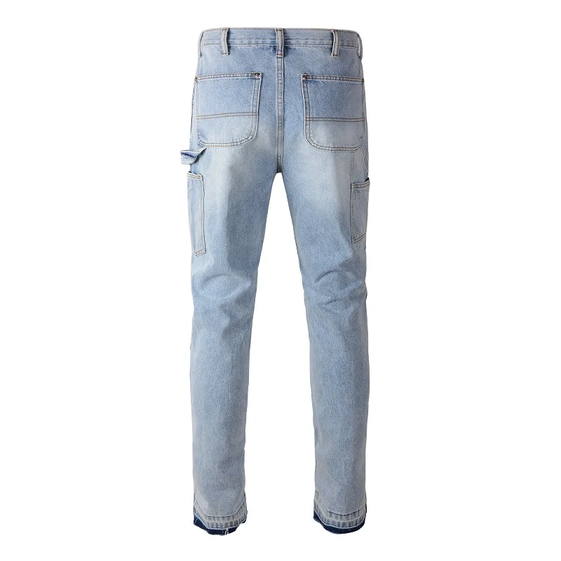 A9302  2024 Embossed Spliced Blue Men's Loose Multi-Pocket Gray Jeans Lumberjack Street Jeans Trousers