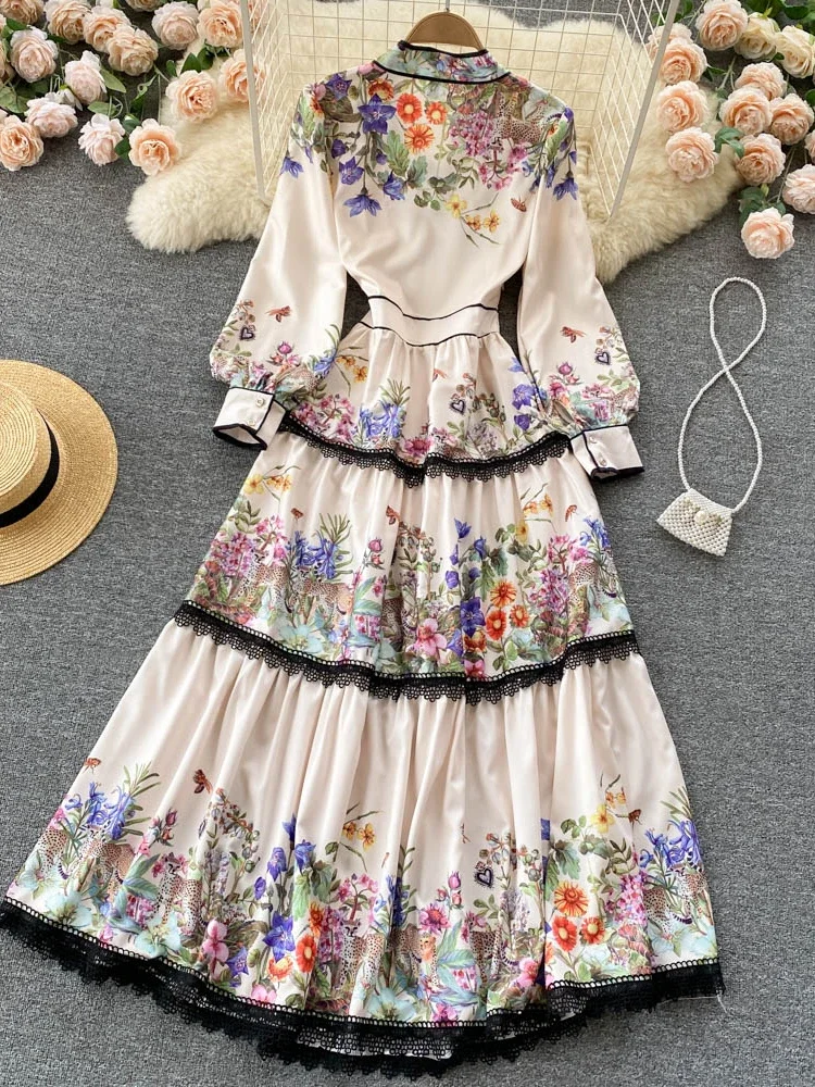 Vintage Elegant Long Dress Women Slim Floral Printed Party Dresses Tie Bow  Elastic Waist Lantern Long Sleeve Long Robe Vestidos - AliExpress 200000345