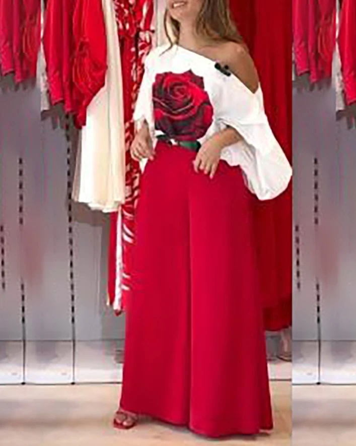 Pretty Girl 2024 New Rose Print Lantern Sleeves Diagonal Collar and Casual Pocket Design Wide Leg Pants Set