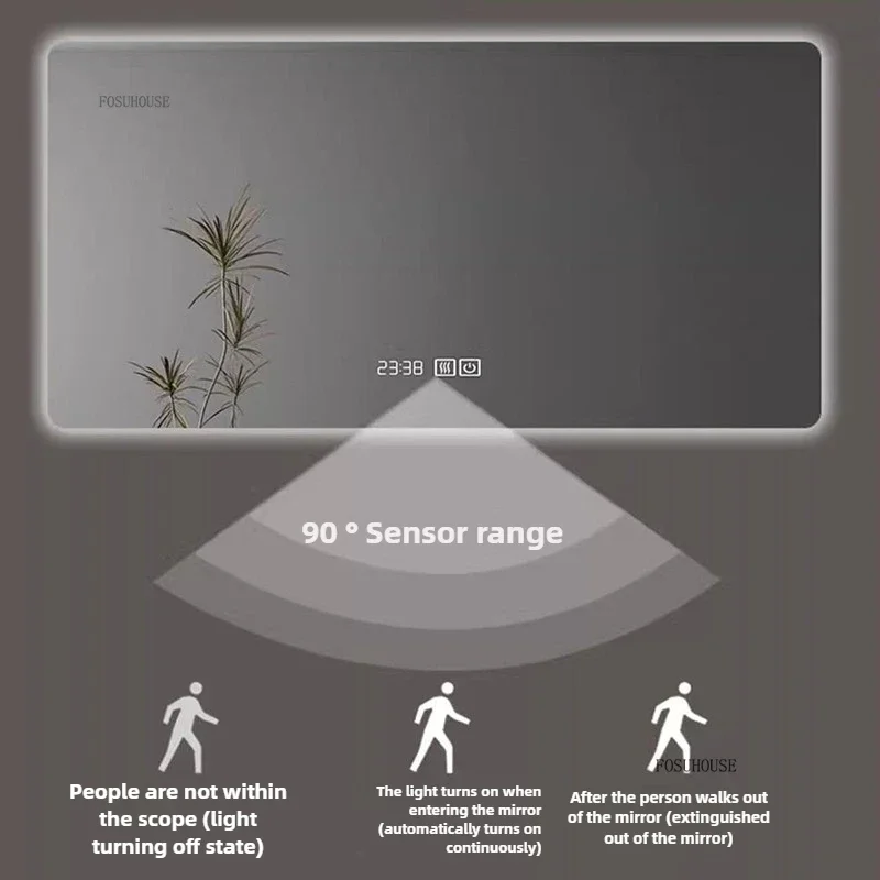 กระจกไล่ฝ้าหน้าจอสัมผัสสําหรับโรงแรมกระจกผนังสี่เหลี่ยมอัจฉริยะใหม่กระจกอาบน้ํามัลติฟังก์ชั่นที่ทันสมัยเรียบง่ายสําหรับบ้าน 1