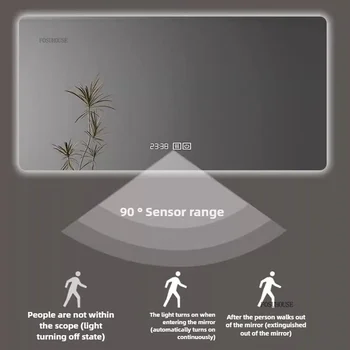 กระจกไล่ฝ้าหน้าจอสัมผัสสําหรับโรงแรมกระจกผนังสี่เหลี่ยมอัจฉริยะใหม่กระจกอาบน้ํามัลติฟังก์ชั่นที่ทันสมัยเรียบง่ายสําหรับบ้าน 1