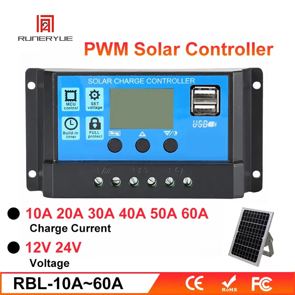 PWM 30A 20A 10A Solar Charge and Discharge Controller 12V 24V Auto LCD Solar Regulator with Dual USB for Swing Sliding Opener