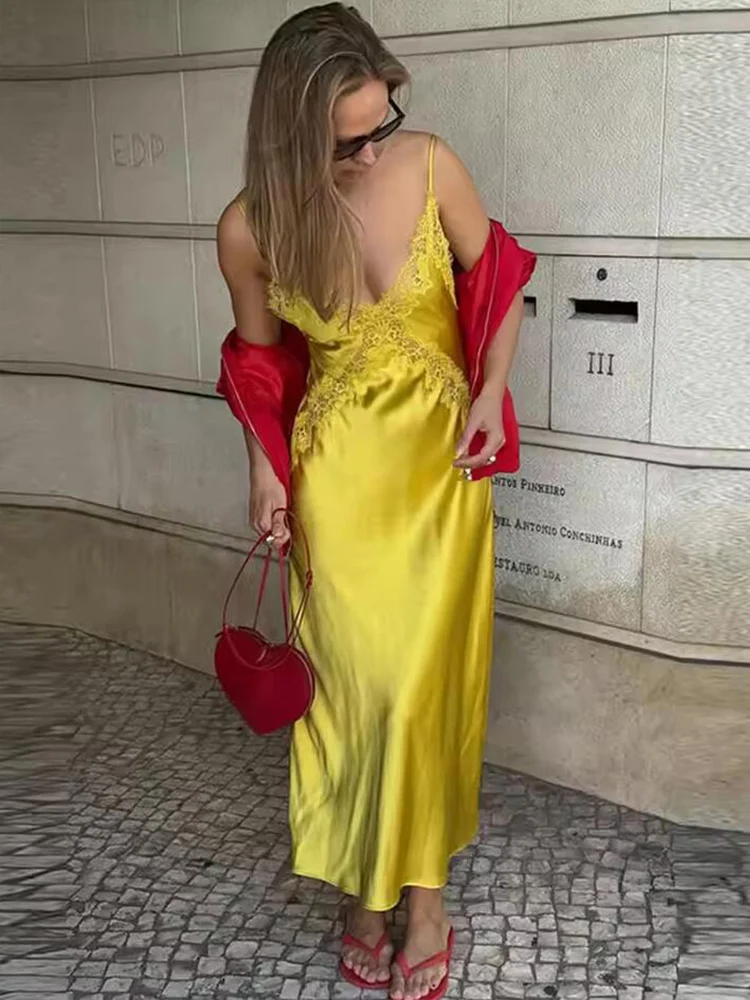 Womens Dresses Lace Satin Slip Dress Summer 2025 Sexy Evening Party Dresses Ladies Midi Yellow Sleeveless Backless Vestidos