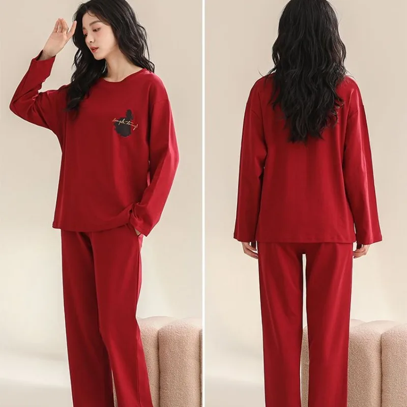 2024 Latest Bridal Couple Pajamas Big Red Spring Autumn Sleepwear Pure Cotton Long Sleeve Nightdress Festive Cartoon Pyjamas Set