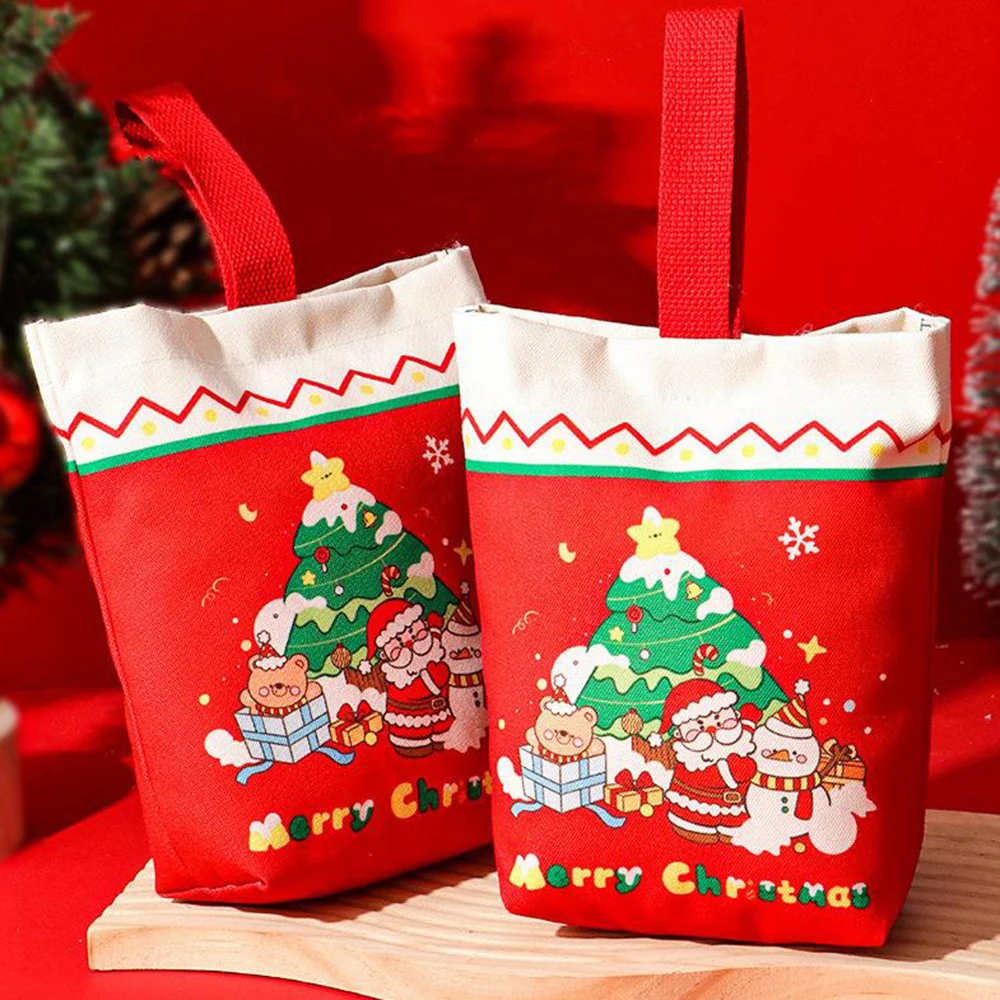 Christmas Candy Bag Red Canvas Handbag Handheld Gift Bag Festive Christmas Gift Bag For Santa Visit Christmas Eve