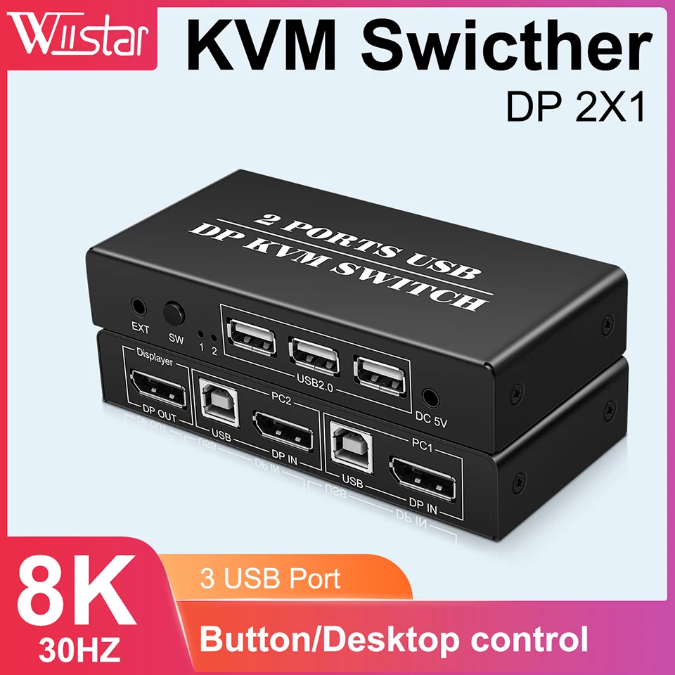 

2x1 DP USB KVM Switcher KVM Dual-port DisplayPort KVM Switch 2 Port 8K 30Hz 4K60hz 2 in 1 out mouse&keyboad supported