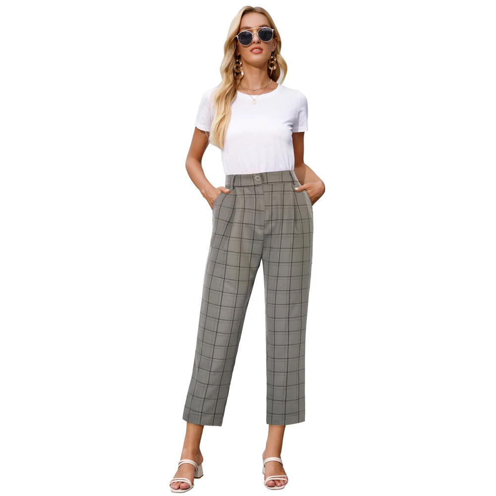 Capri Pants With Pockets With belt-fitted loops Women's 1pc Ankle Length Elastic Waist GK Plaided Skinny Pants