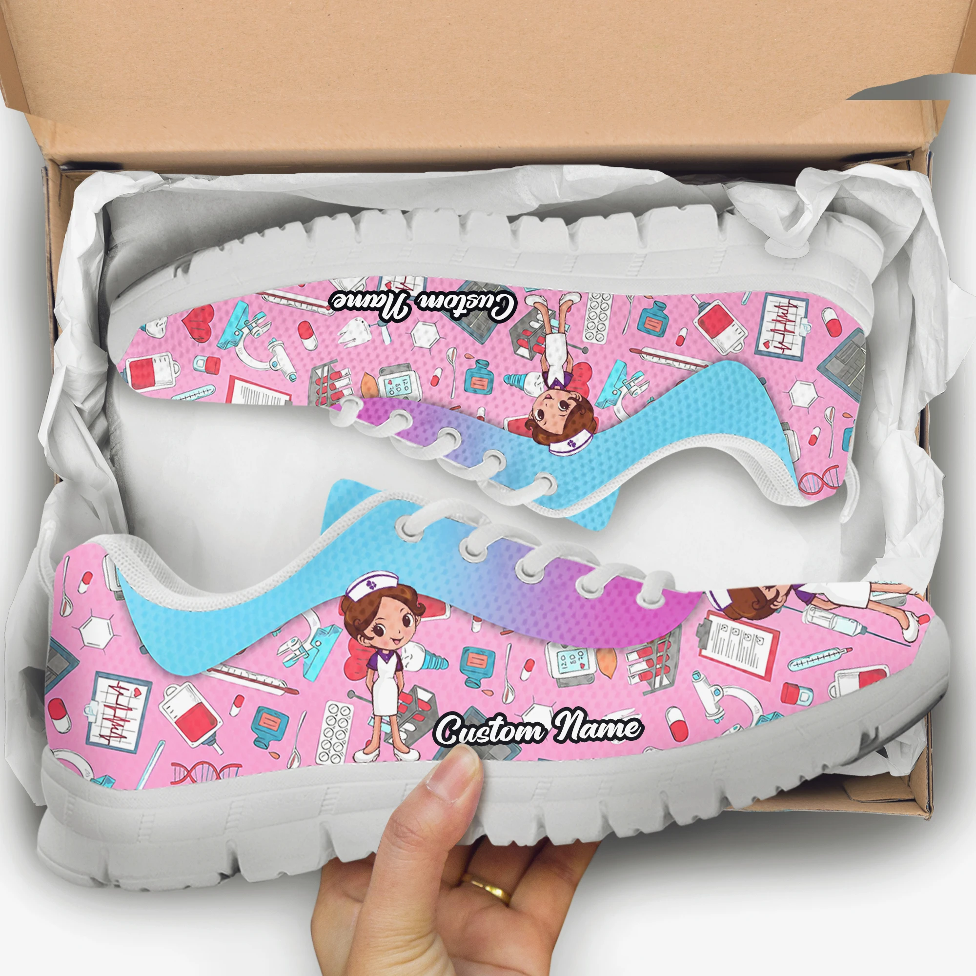 INSTANTARTS Comfort Non-Slip Flat Shoes Custom Personalized Nurse Sneakers Lovely Nurse Girls Pattern Walking Footwear for Women