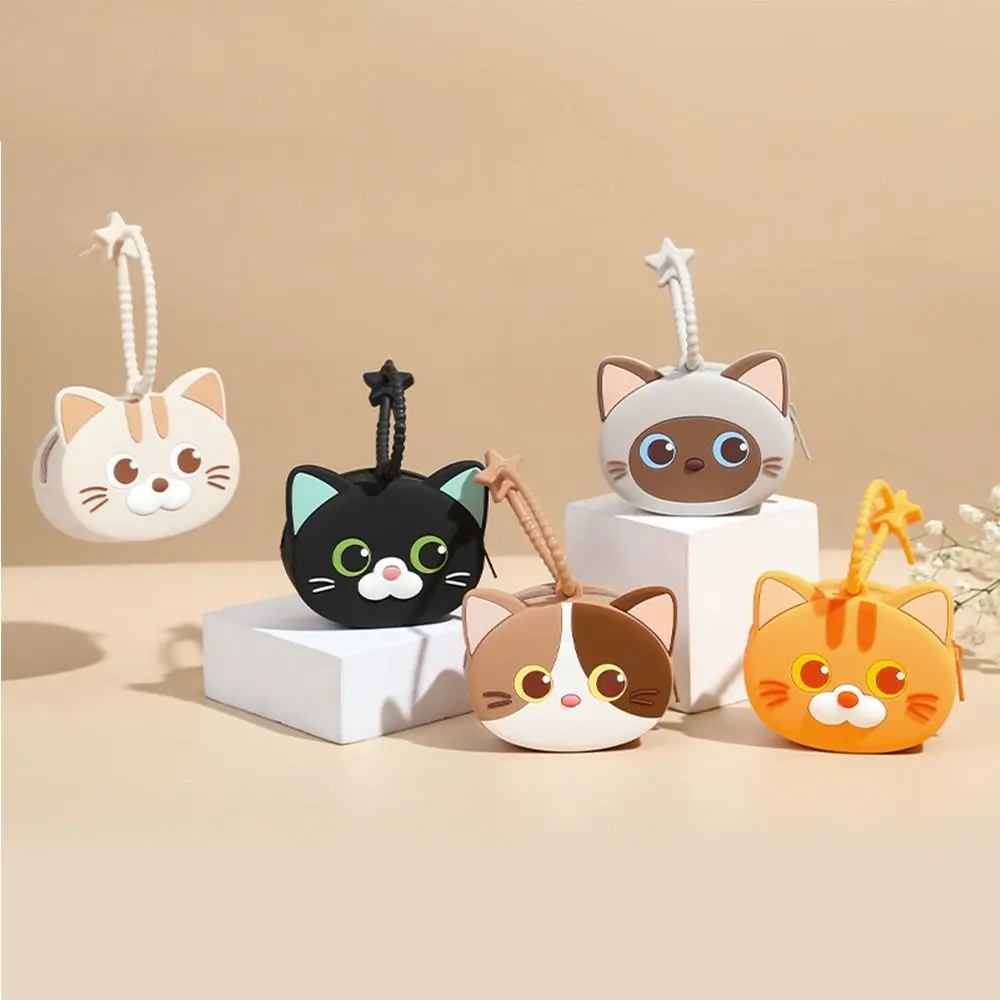 Cute Cartoon Cat Silicone Coin Purse with Keyring Portable Data Cable Earphone Storage Bag Organizer for Women