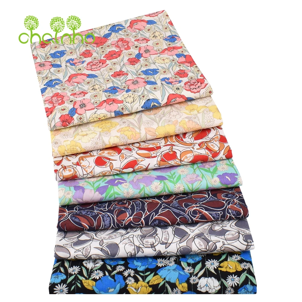 Chainho,Printed Plain Weave Poplin Cotton Fabric,DIY Quilting Sewing Material,Patchwork Cloth,Floral Series,3 Sizes,15PC43