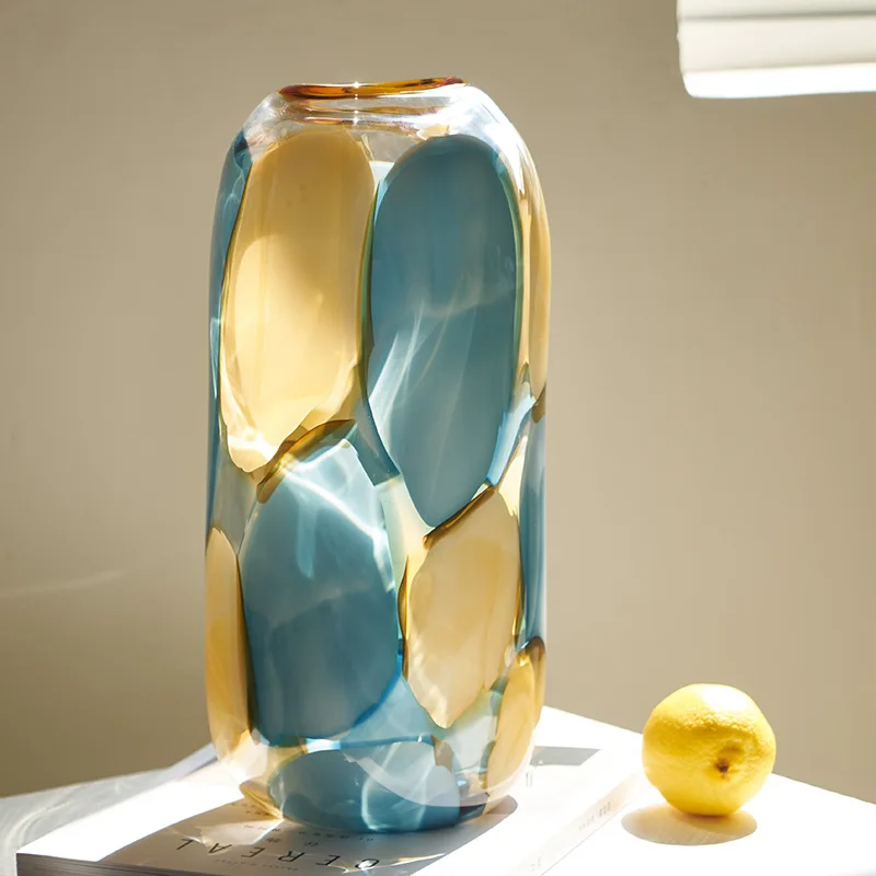 Blue Glass Vase Graded Marble Grain Flower Vase Flower Pot Floral Arrangement Terrarium Home Decoration Accessories 4