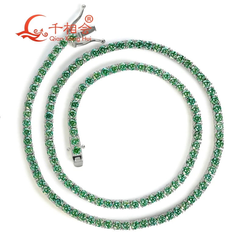 

Necklace green color Moissanite Tennis S925 Sterling Silver 3mm 4mm 5mm round Luxury jewelry gift Wedding Party
