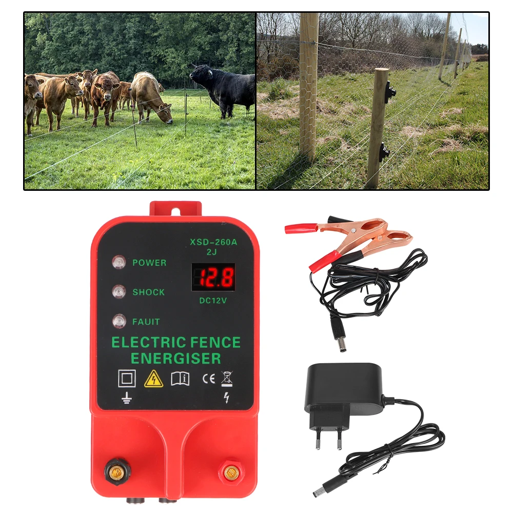 Electric Fence Energizer Voltage Display Electric Fence Energizer LCD 10KM Waterproof High-decibel Alarm Livestock High Voltage Pulse Controller