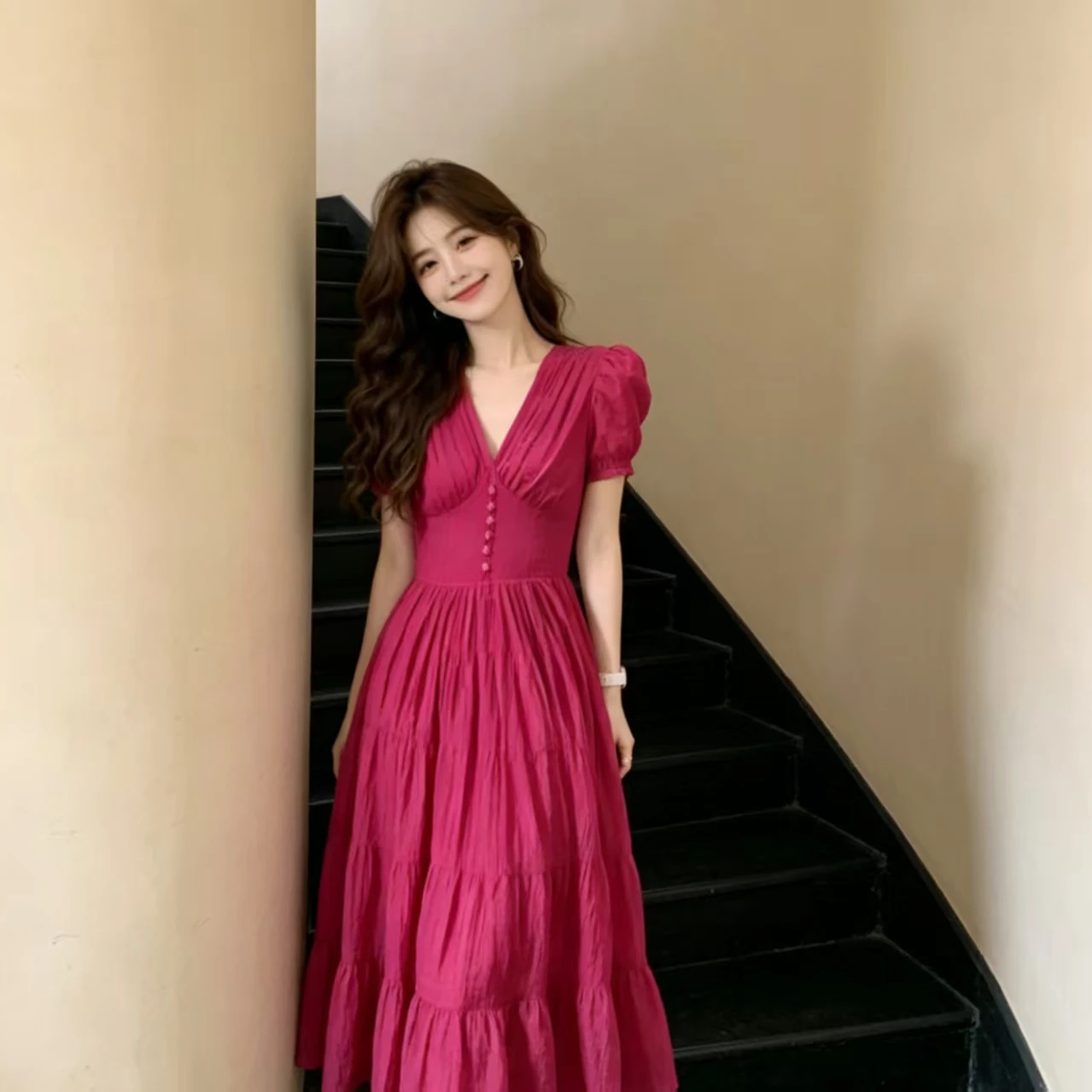 여행 해변 휴가 스타일 아름다운 미니 드레스 핑크 맥시 스커트 여성 여름 하이웨이스트 한국 스타일 반팔 V넥