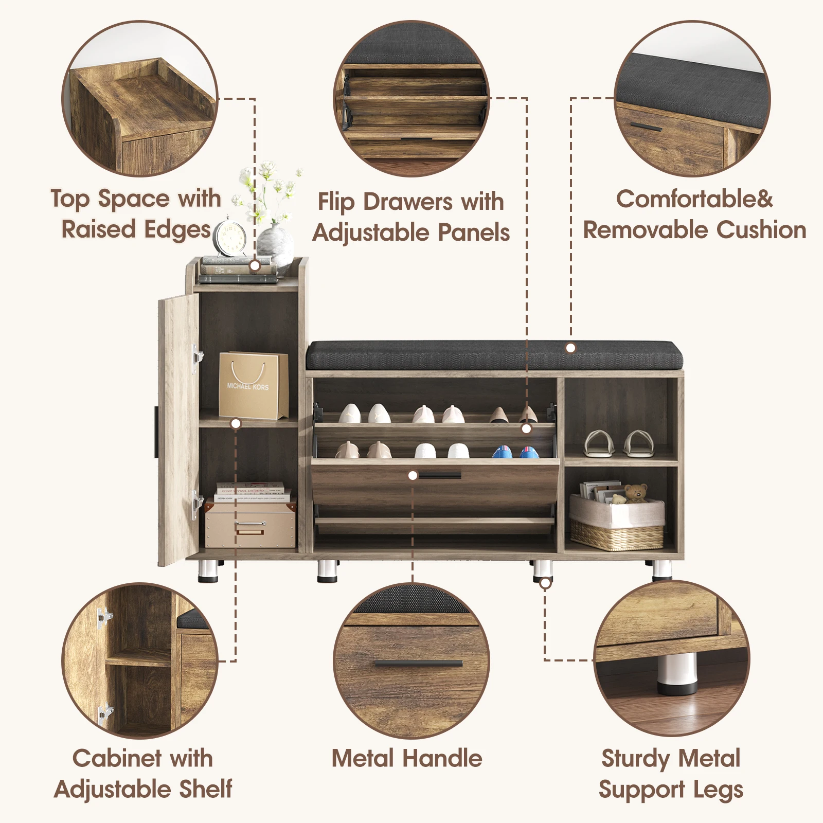Vabches Shoe Cabinet Shoe Storage Bench with Flip Drawer Entryway Wood Bench with Adjustable Shelf & Removable Seat Cushion