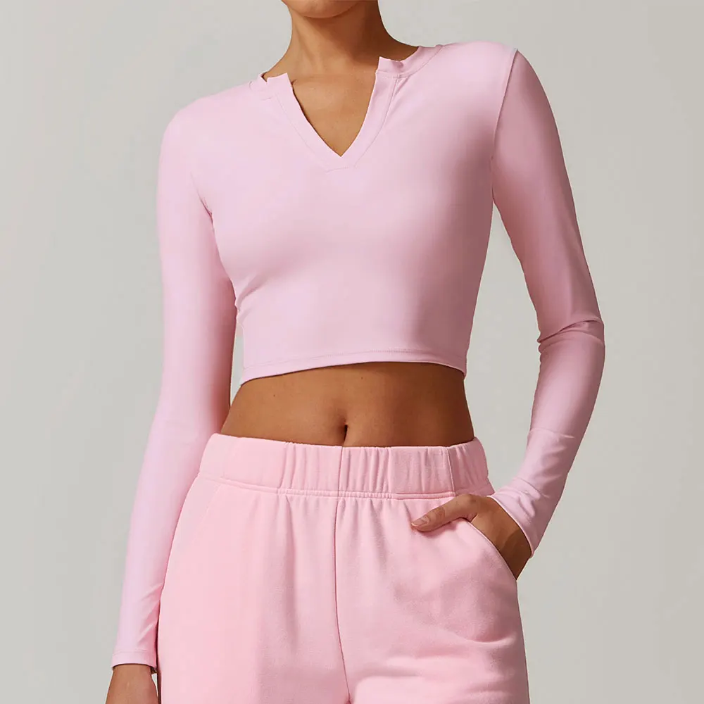 V-neck Jacket Women Clothes Crop Tops Yoga T-shirts Solid Sports Top Long Sleeve Running Shirts Quick Dry Fitness Gym Sport Wear