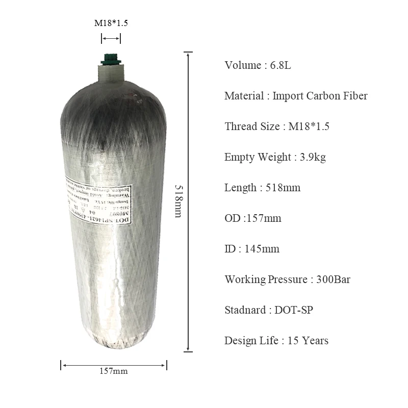 Acecare-Bouteille d'air haute pression M18 x 6.8, 4500Psi, 300Bar, 30Mpa, 1.5 LDOT, en fibre de carbone, pour plongée