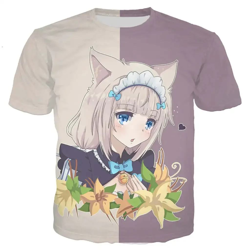 남성/여성을위한 새로운 쿨 티 Nekopara 초콜릿 바닐라 3D 인쇄 귀여운 애니메이션 짧은 소매 하라주쿠 스타일 스트리트 티셔츠 탑