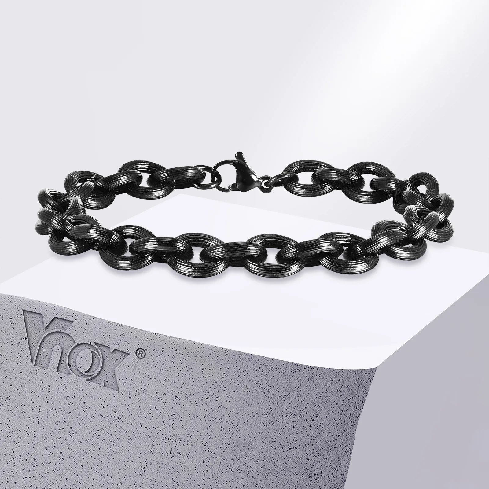 Vnox Personality Matte Surface Finish Bold Rolo Chain Armbänder für Herren, schwarzes Punk-Links-Armband aus Edelstahl