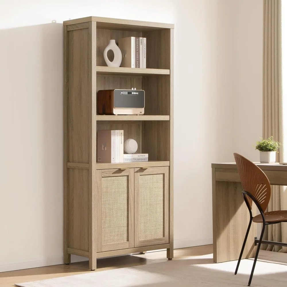 Bookcase  Bookshelf 5 Tier Rattan Boho Bookcase with Doors Storage Large Book Case Shelf Farmhouse Bookshelves 4