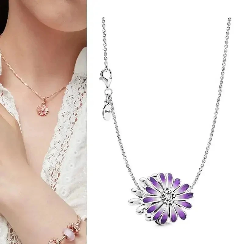 New Classic 100% 925 Silver Women's Ocean Heart Cat Eye Beads Exquisite Daisy Necklace Set DIY Charm Jewelry Gift