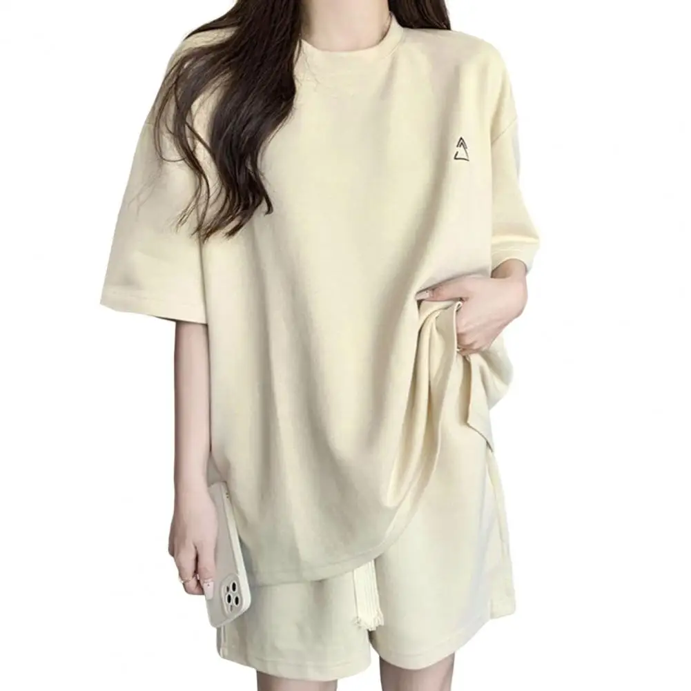 O-넥 반팔 캐주얼 복장, 신축성 허리 밴드, 드로스트링 포켓, 여성 티셔츠, 와이드 레그 반바지 세트, 스트리트웨어, 2 개/세트